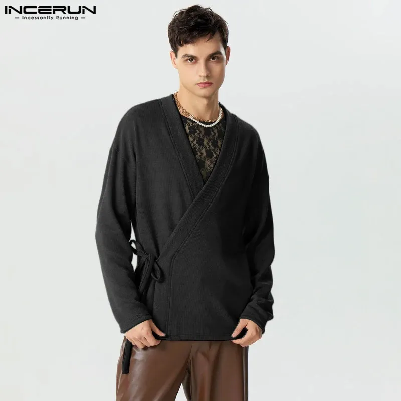 Männer Pullover INCERUN Tops 2023 Amerikanischer Stil Hübsche Männer Gestrickte Pit Tie Design Hemd Lässig Einfache Feste Farbe Lose Strickjacke Bluse S5XL 231206