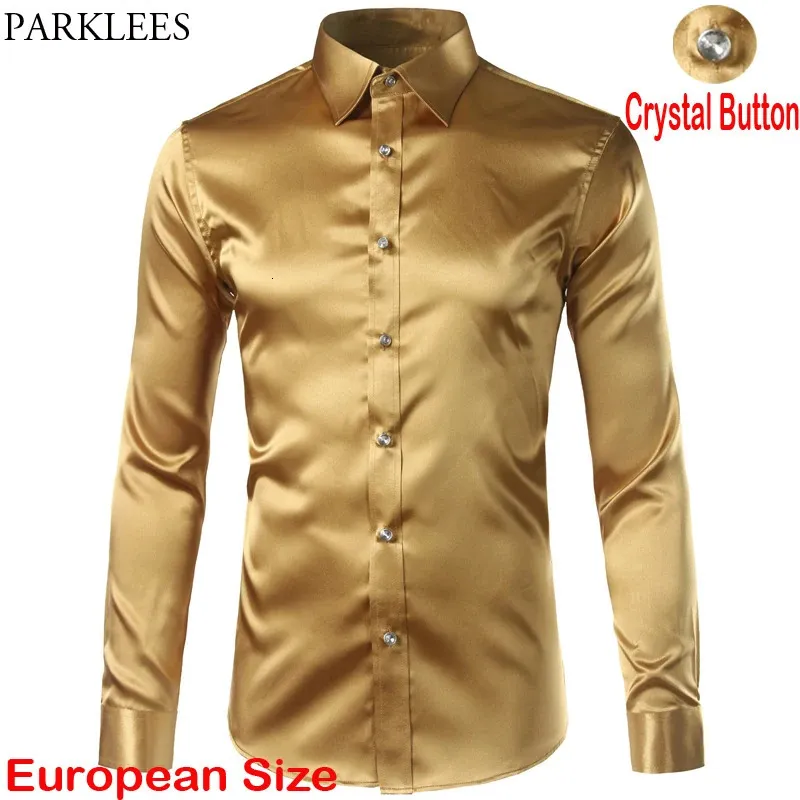 Camisas casuais masculinas ouro brilhante cetim seda como vestido camisas suave casual festa de dança manga longa rugas livre smoking camisa masculina chemise 231207