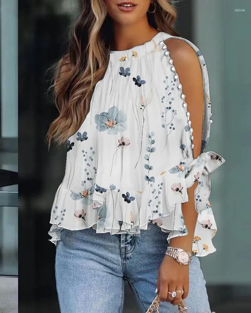 Blouses pour femmes imprimé fleuri ourlet à volants manches fendues haut perles femmes été printemps fleur Blouse hauts Sexy évider