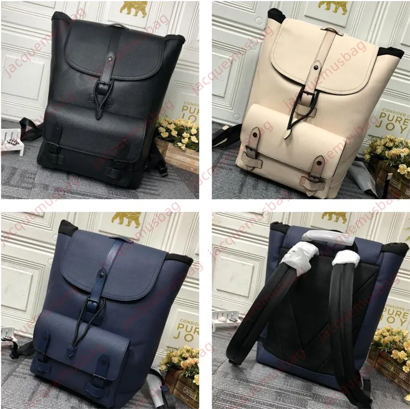 디자이너 Christopher Backpack Slim Men Backpack Bag M58644 Knapsack Cowhide Black Leather Double Stitched Flap Strap Travel Luggage Laptop Tote Satchel