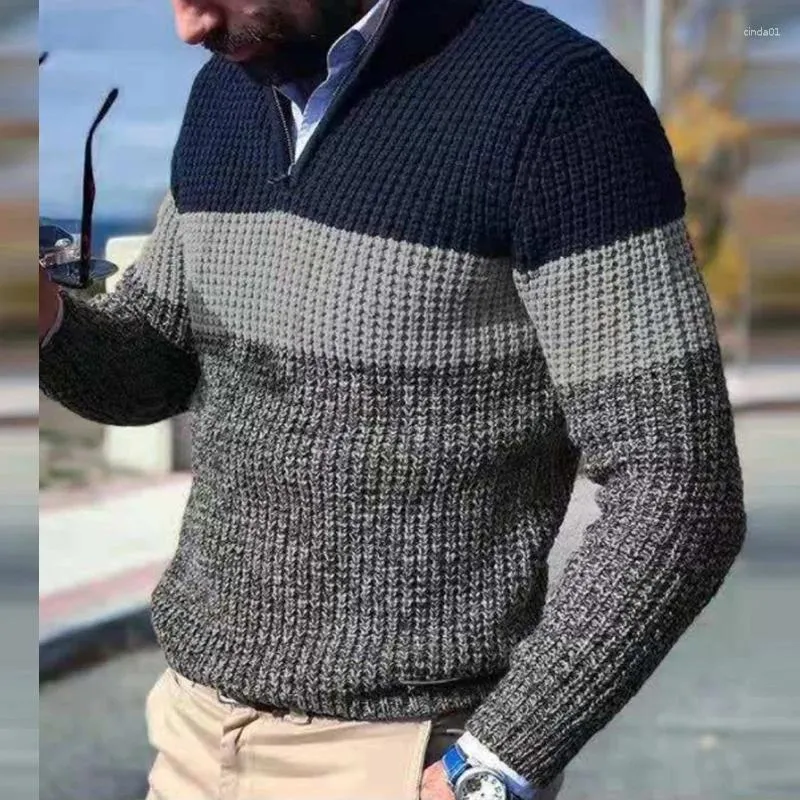 Мужские свитера Классический мужской свитер Джемперы Топы с V-образным вырезом на молнии Повседневное вязание Осень-зима Модный контрастный цвет Вязаный топ для мужчин