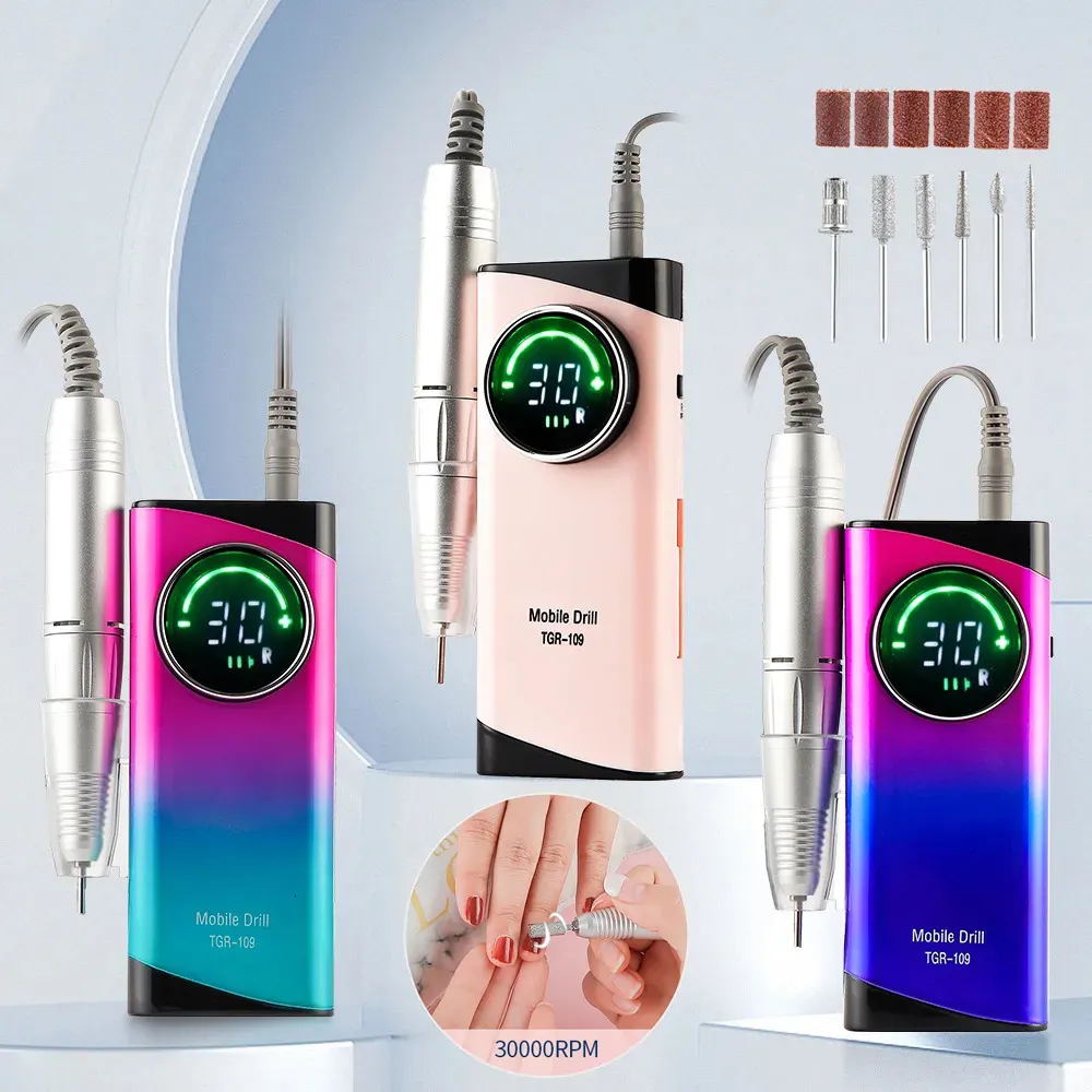 Nail Art Equipment 30000RPM Rechargeable Nail Drill Manicure Machine Professional Nail Gel Polishing Remover Cordless Drill Set Nail Art Low Voice 231207