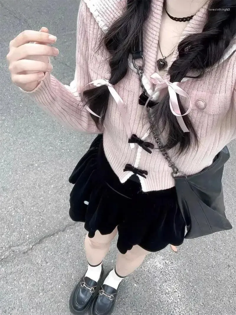 Kvinnors stickor rosa söt cardigan långärmad y2k hög midja stickade rockar toppar japan stil bågtröjor kort längd kawaii smala fit kvinnor