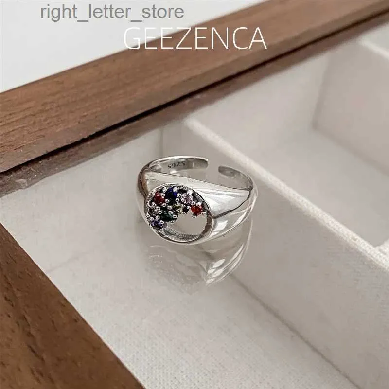 Anello solitario GEEZENCA 925 Sterling Silver Zircone colorato Scava Fuori Anelli aperti per le donne Kpop Trendy Semplice Minimalismo Arcobaleno Anello 2022 Nuovo YQ231207