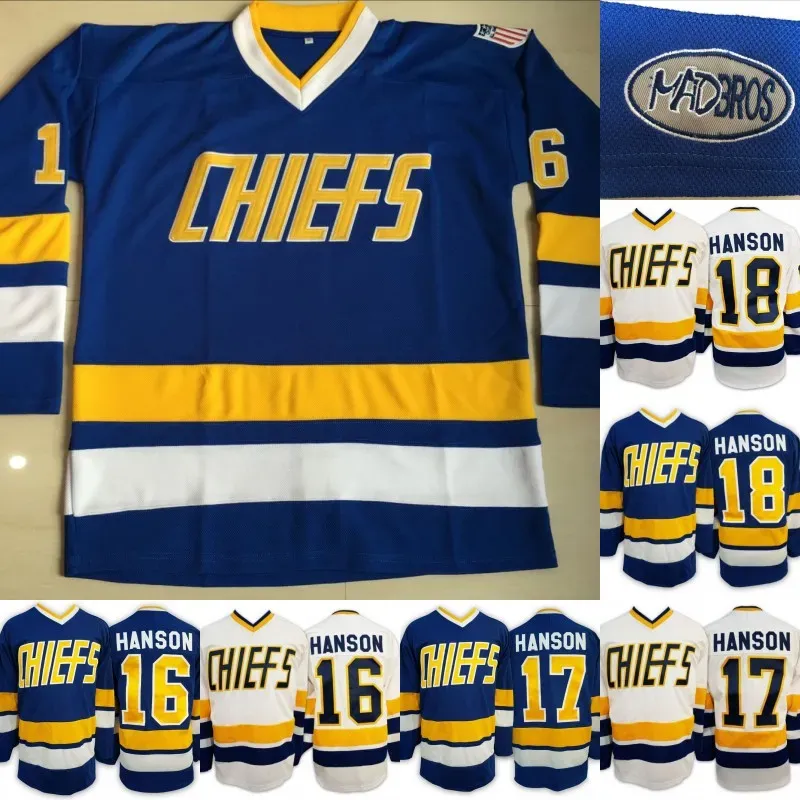 Charlestown Jersey para hombre Hanson Brother Slap Shot 16 17 18 HANSON Movie Hockey Jersey Barato Envío rápido Azul Blanco S-3XL