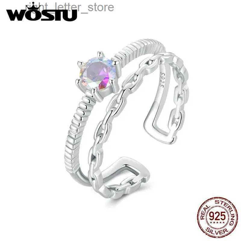 Solitaire Ring WOSTU Echt 925 sterling zilver Regenboogkristal Dubbellaags openingsring Punk Cubaanse link Verstelbare feestringen Vakantiecadeau YQ231207