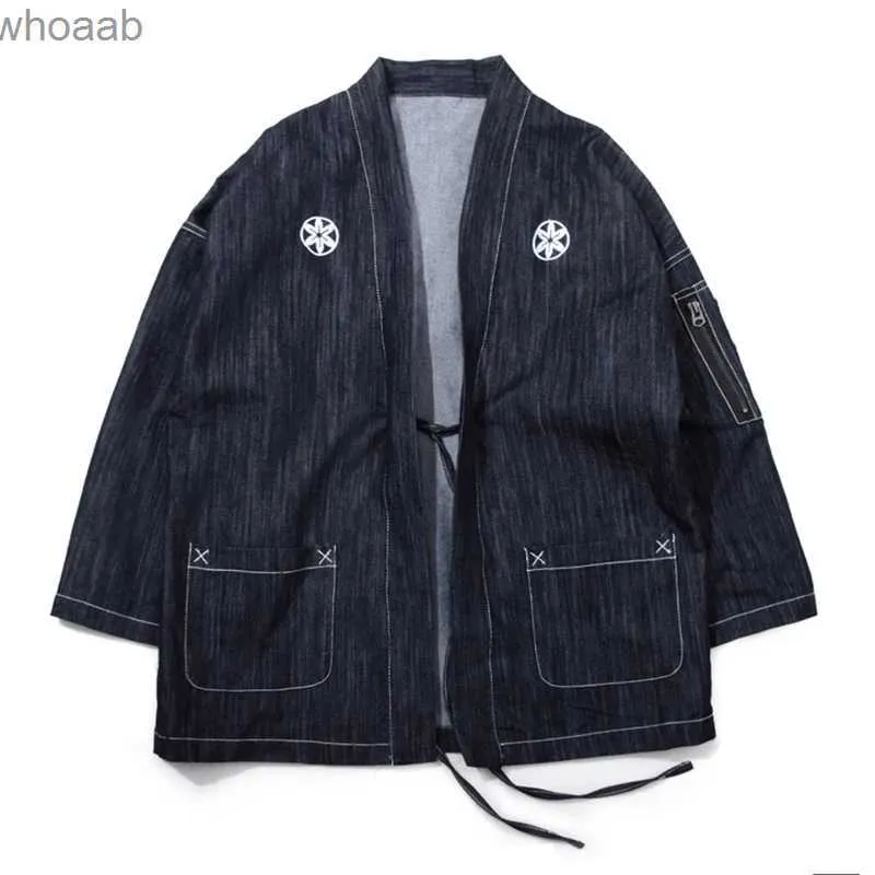 Vestes pour hommes Japon style hommes mince denim kimono veste col montant trois quarts manches sakura broderie lâche haori avec poche à manches yq231207