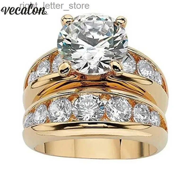 Solitärring Vecalon Gold Farbe Solitär Ehering Set 925 Sterling Silber 5A Zirkon Stein Tägliche Verlobung Bandringe für Frauen Schmuck YQ231207