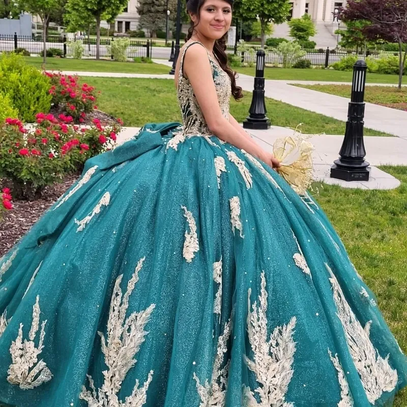 Emerald Green Shiny Ball Gown Beaded Quinceanera Dress Princess Corset Dresses Appliques Lace Vestidos De 15 Anos