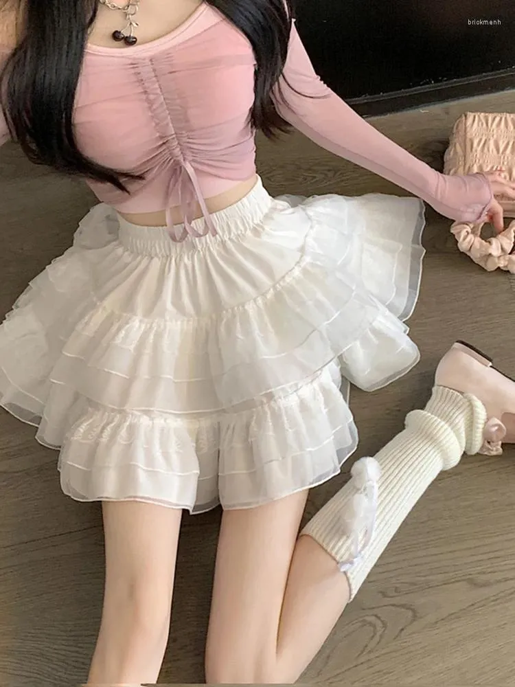 Jupes dentelle gâteau a-ligne jupe courte automne 2023 Style de ballet taille haute maille blanche moelleuse pour les femmes coréennes