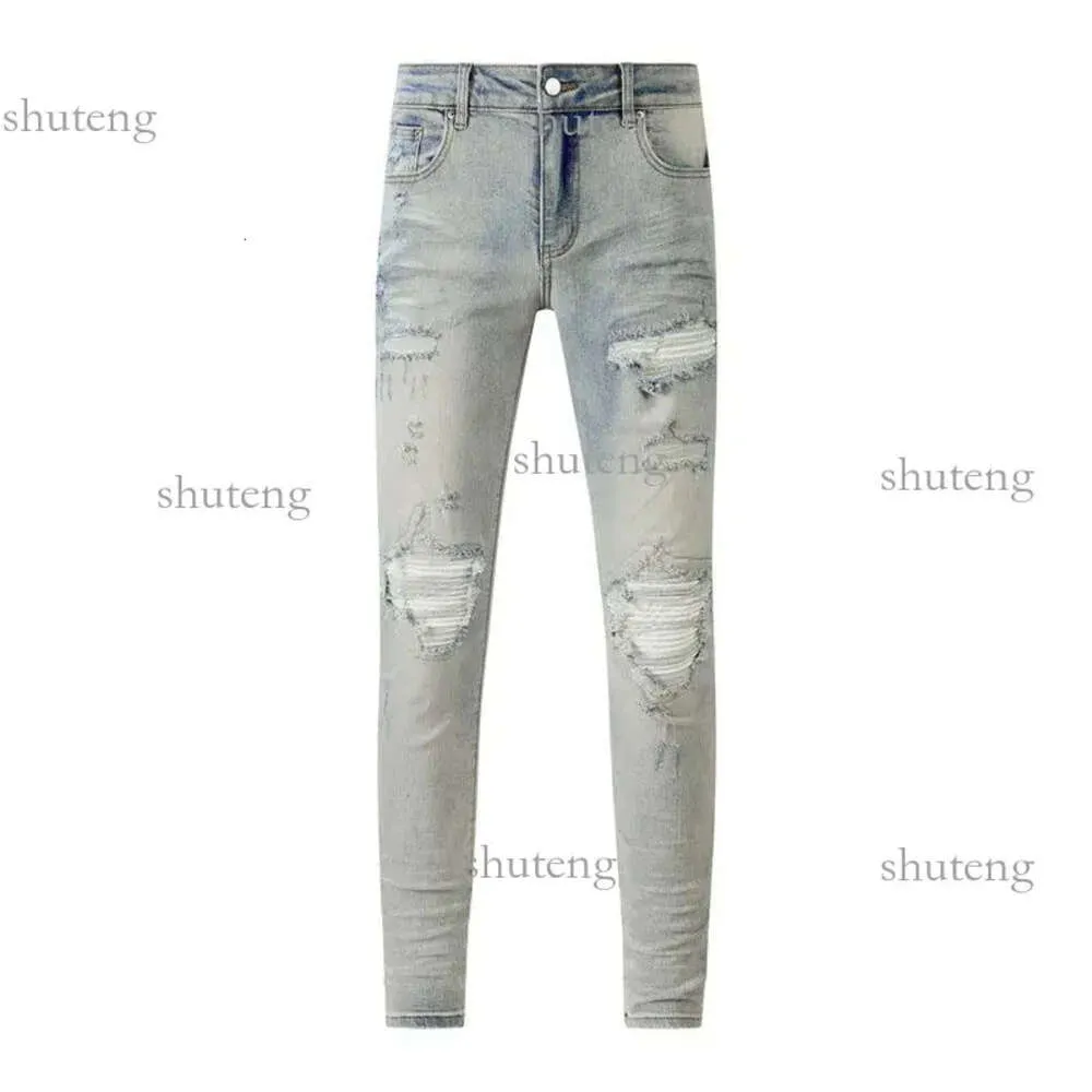 Jeans da uomo Amirs 2023nuovi uomini buco azzurro grigio scuro Italia marca uomo pantaloni lunghi pantaloni streetwear denim skinny slim dritto biker Jean 522