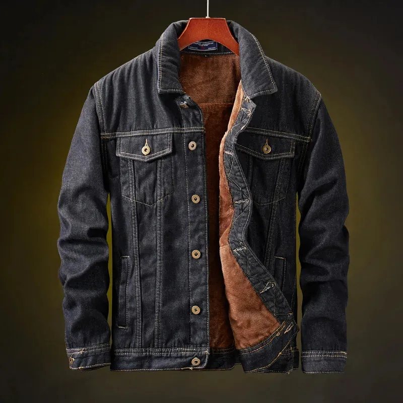 Jaquetas masculinas quentes lã lã forro cowboy preto vintage denim jeans outwear jaqueta parka inverno homens denim jaquetas e casacos grossos na moda 231206