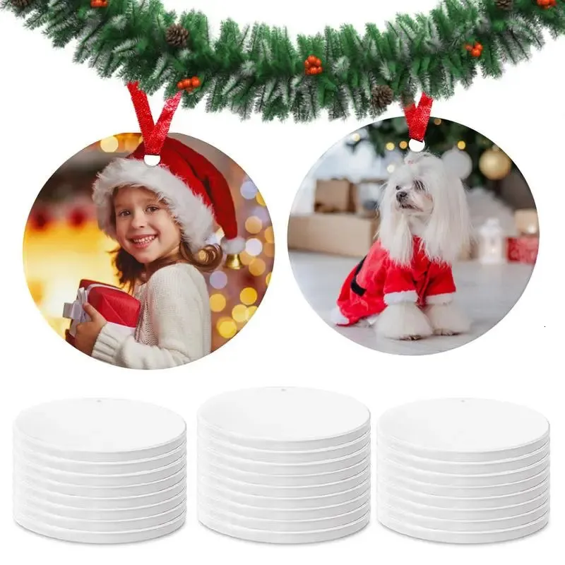 Decorações de Natal 25 pcs em branco redondo enfeites de cerâmica de Natal árvore de Natal pendurado pingentes de sublimação decoração de cerâmica personalizada para casa 231207