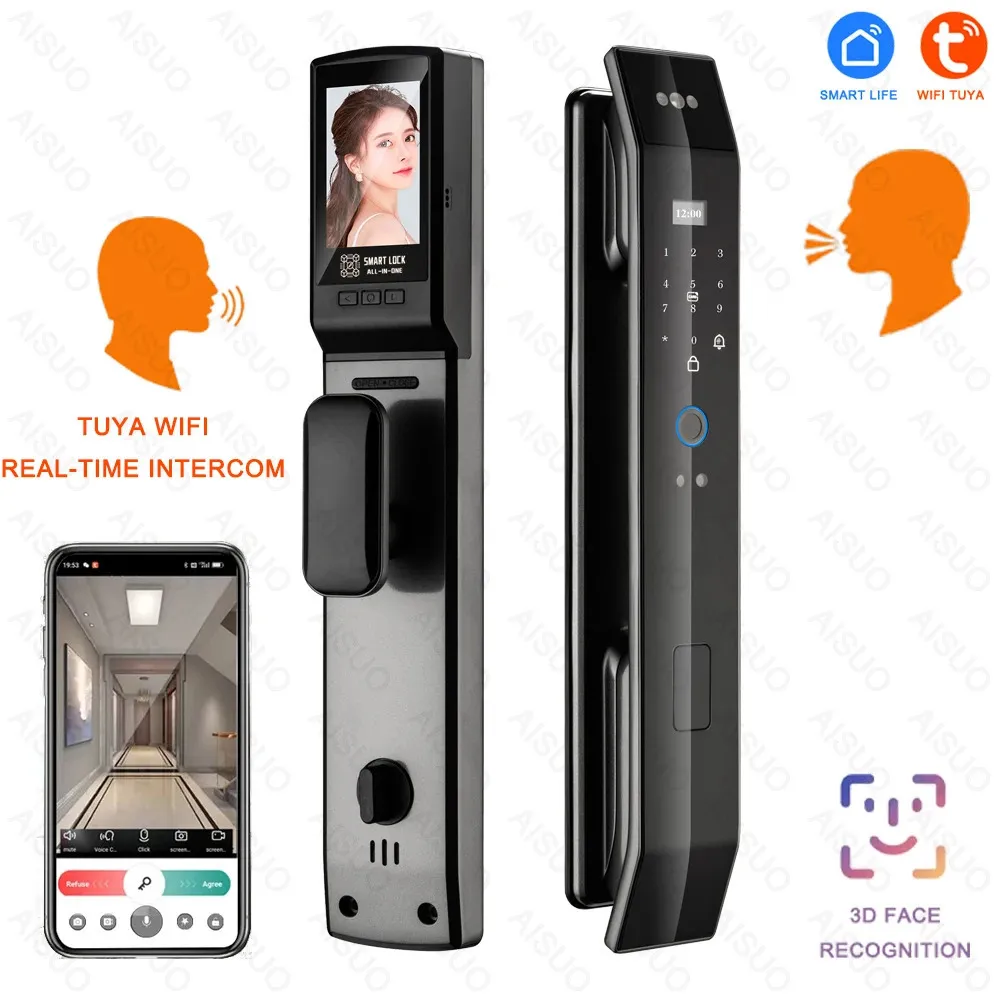 Smart Lock Tuya 3D Face Citofono in tempo reale Smart Door Lock Telecamera di sicurezza Impronta digitale intelligente Password Sblocco chiave elettronica biometrica 231206