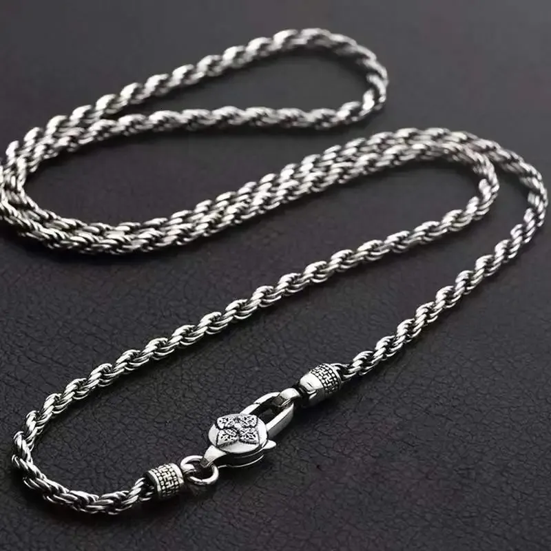 Chokers Thai Silber 4 mm runde Herren-Hanfseil-Halskette S925 Thai-Silber Vintage klassische geflochtene lange Halskette Schmuck 231204