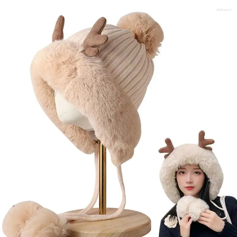 Bandanas peluş şapka kadınlar kış sahte kürk sıcak örgü tığ işi kafatası kapağı ponpon kabarık kulak