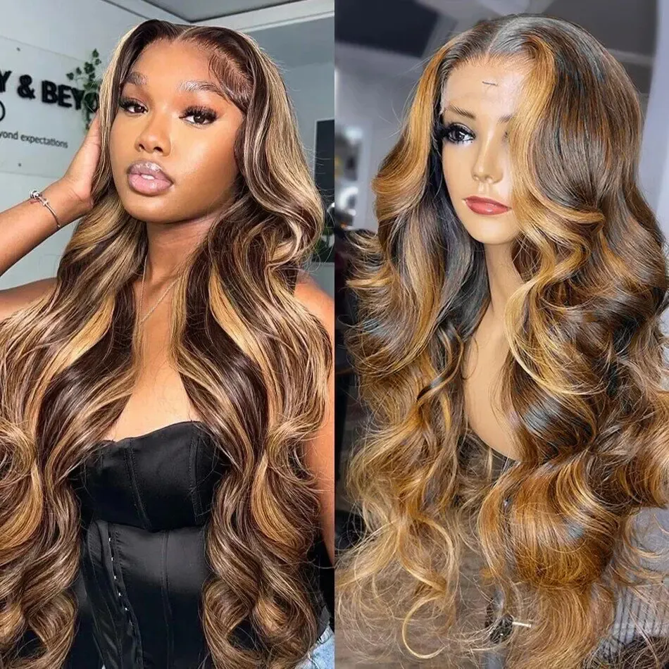 Perruque Lace Front Wig naturelle Body Wave colorée Full HD 360, cheveux humains, à reflets, 13x4, blond miel, pour femmes