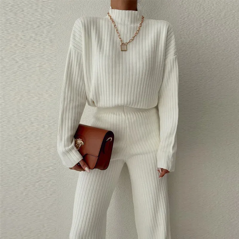 Women's Two Piece Pants Set Women Knit Wide Leg Vintage Boho Autumn Winter Turtleneck Sweater Loose Work Streetwear Y2K Outfits 231206