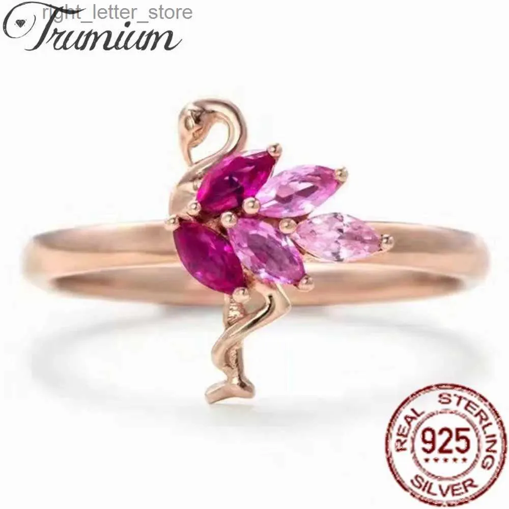 Solitaire Ring Trumium Echt 925 Sterling Zilver Roze Flamingo Ringen voor Vrouwen Sierlijk Rose Goud Dier Fijne Sieraden Vriendin Minnaar Geschenken YQ231207