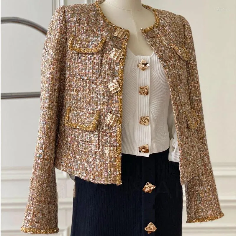 Vestes pour femmes Gold Tweed Col rond Court pour les femmes au printemps automne 2023 Celebrity Veste de tempérament léger et mince