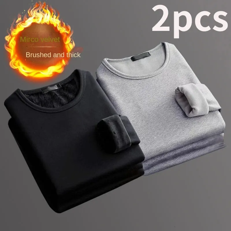 Men's Thermal Underwear 2pcs Men's Thermal Underwear Warm Plus Velvet Thickened Slim O-neck T-shirt Winter Cold-proof Warm Bottoming Shirt Inner Top 5XL 231206