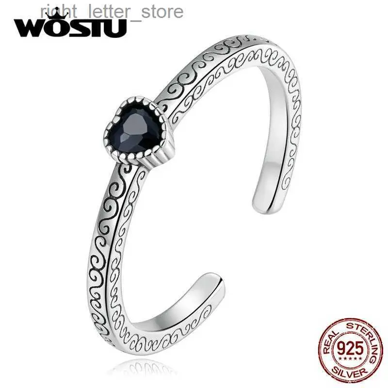 Solitaire Ring Wostu 925 STERLING Gümüş Klasik Kalp Tarzı Siyah Kristal CZ Halkalar Kadınlar için Retro Çiçek Desen Yüzüğü YQ231207 için Özel Hediye