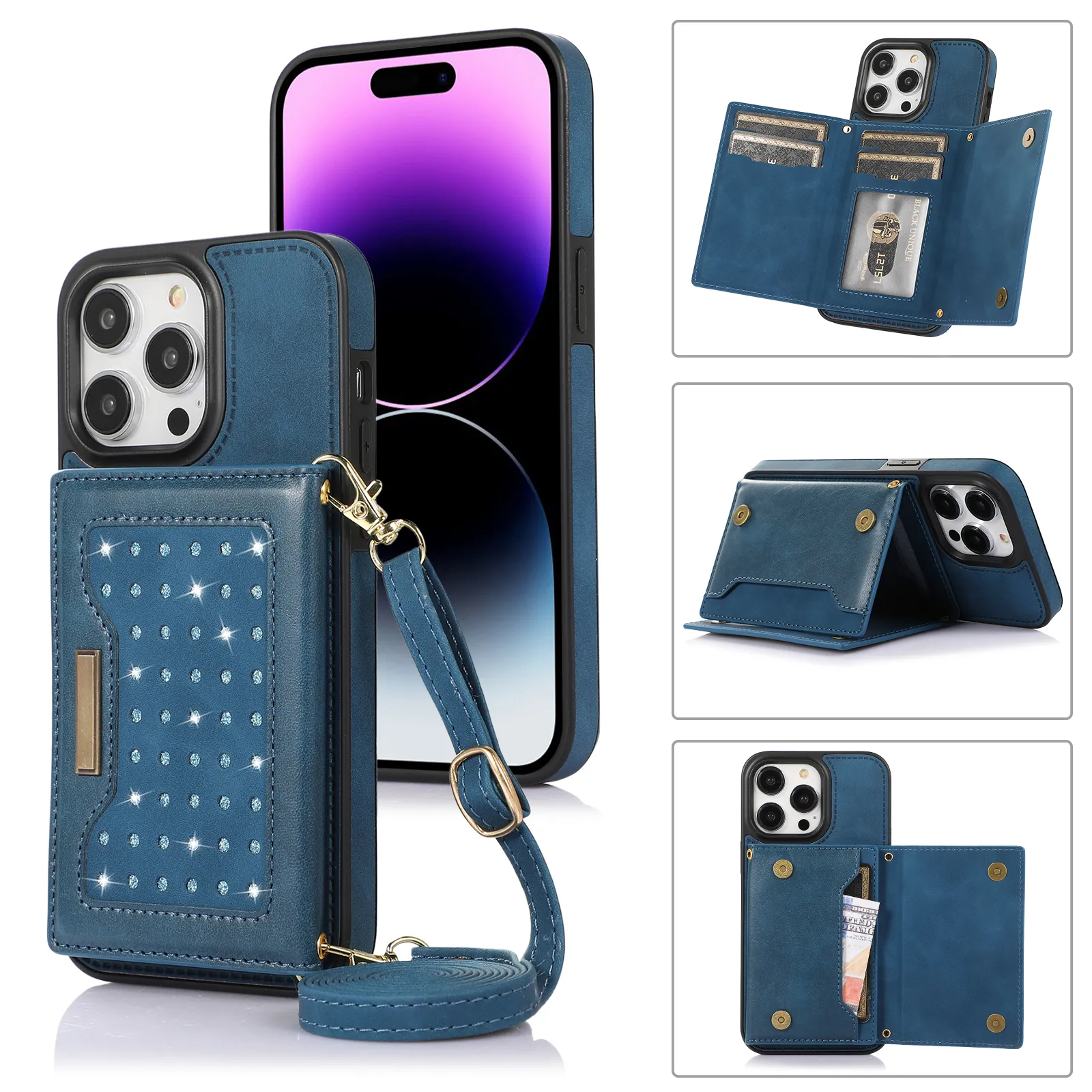 Lanyard Card Holder Läder Telefonfodral Telefonfodral för iPhone 15 14 13 12 11 Pro Max Mini X Xs XR RFID Blockering av läder bakåt