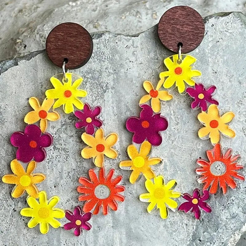 Dangle Earrings Cut Wood Round And Wild Flower Garland Teardrop Geometric For Women Summer Floral Boutique Jewelry
