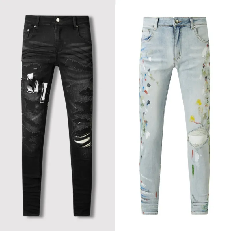 Jeans viola Jeans da strada europei e americani da uomo con toppe invecchiate vestibilità slim e leggings dimagranti marchio di tendenza dei jeans transfrontalieri