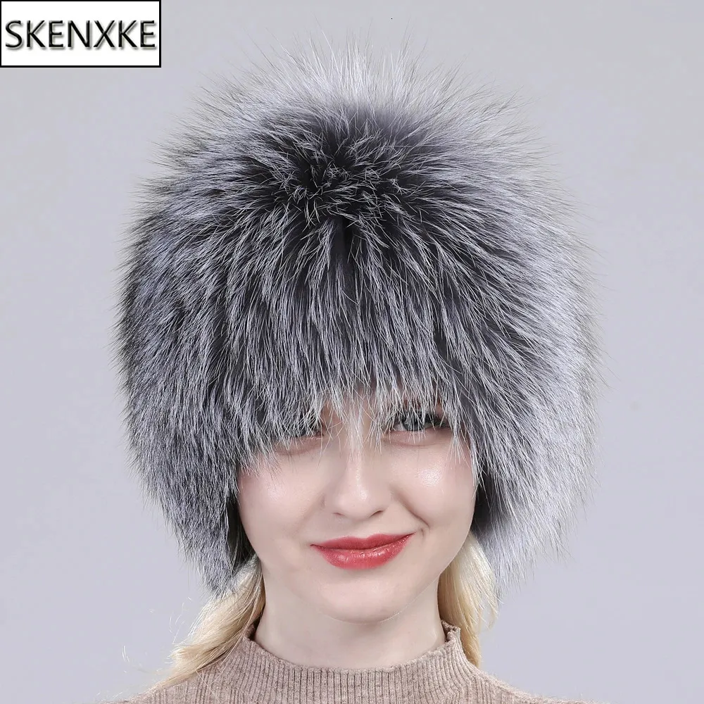 Beanieskull Caps Russia Winter Real Fur Hat Outdoor Warm Knitte Women Real Fur Bomber Hats Lady Luxury Quality 100％本物の毛皮帽子231206