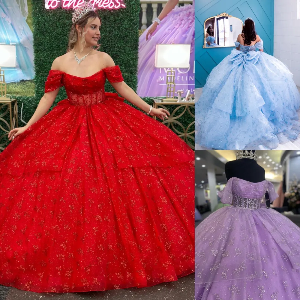 Patterned Glitter Quinceanera Dress Sheer Bodice Scoop Quince Ballgown Corset Sweet 15/16 Birthday Party Gown Vestidos De 15 Anos Charro Mexican Lilac Red Light Blue