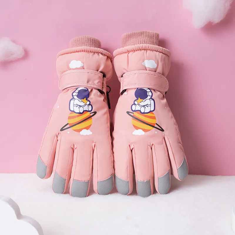 Children's ski gloves with plush and thick insulation, non slip gloves, cartoon waterproof and cold resistant for boys and girls