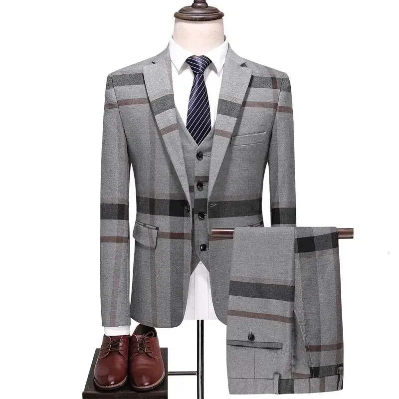 Men's Suits Blazers 3 Pcs Set Coat Vest Pants 2023 Fashion Casual Boutique Business Plaid Slim Formal Dress Jacket Waistcoat 231206