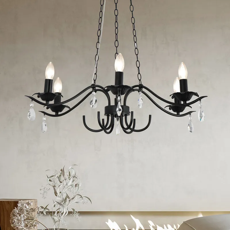 Modern Black Crystal Pendant Lighting Fixtures 6 Lights Suitable for Candle Pendant Lights in Farmhouse Kitchen, Living Room Entrance, Bedroom