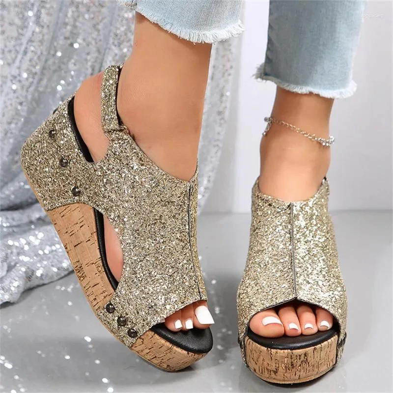 Sandálias 2023 verão plataforma feminina glitter moda peep toe cunhas de salto alto mulheres sapatos de festa casuais