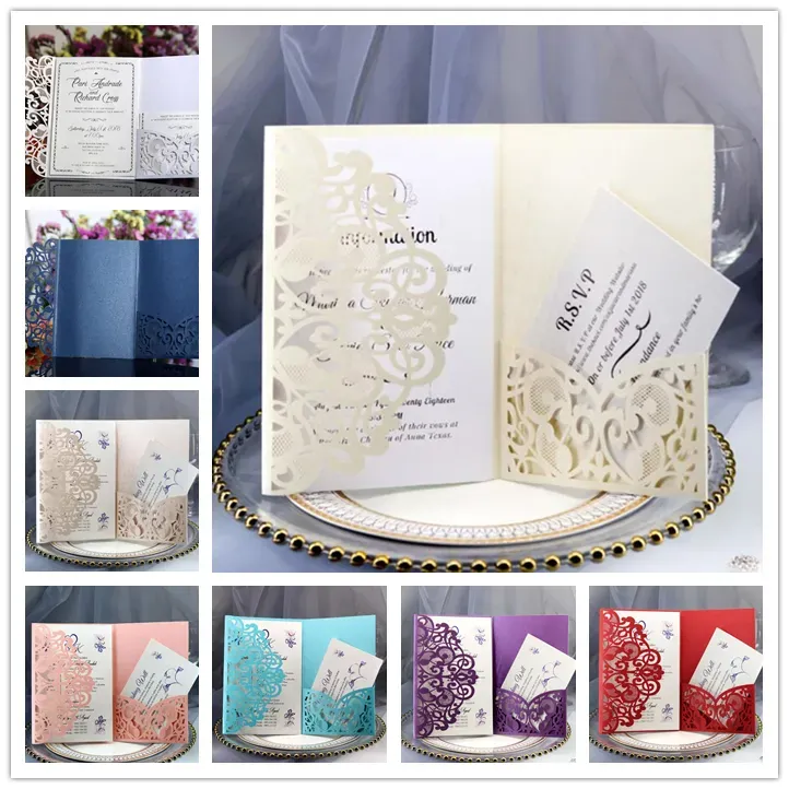 Błyszczące kartki z zaproszeniami ślubnymi Spring Flower Laser Cut Pocket Pocket Bridal Zaproszenie na zaproszenie na przyjęcie urodzinowe dla absolwentów