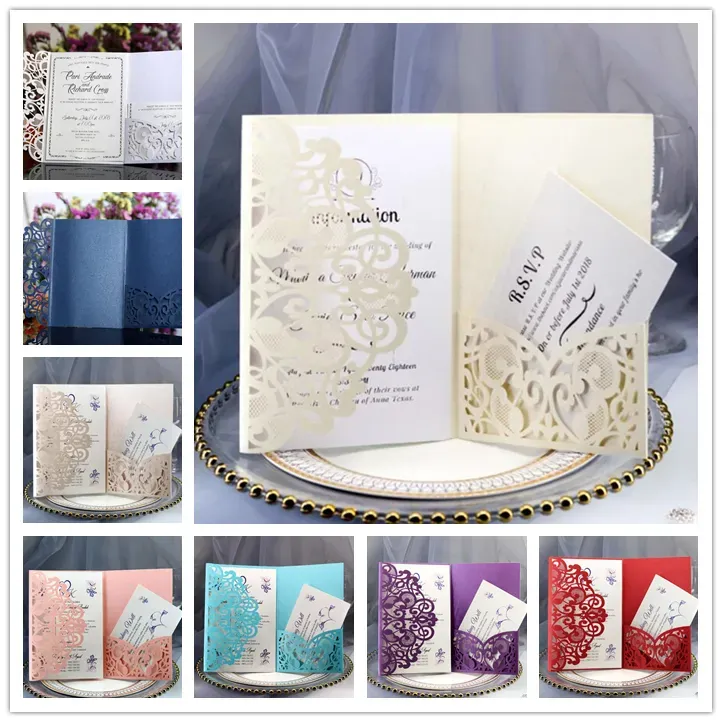 Cartes d'invitation de mariage scintillantes Kits Fleur de printemps Carte d'invitation de mariée de poche découpée au laser pour les invitations de fête d'anniversaire de diplômé de fiançailles