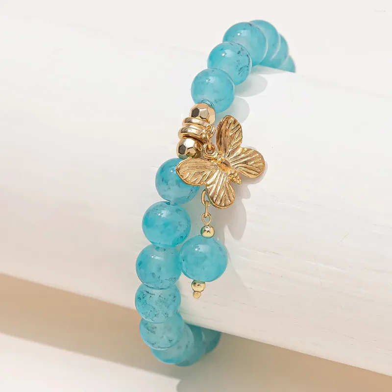 Strand Kirykle Butterfly Gold Tone Charm Spring Summer Style Girl Armband Blue Beads 10mm smycken