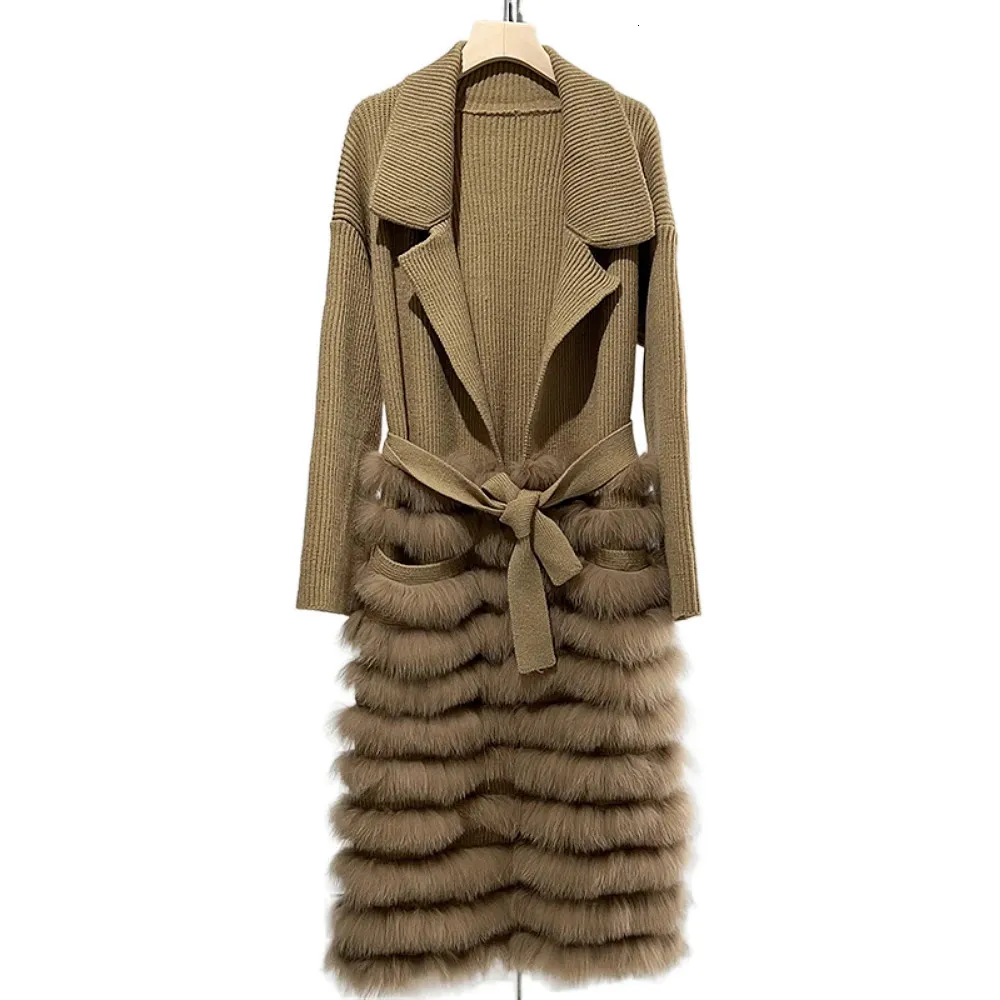 Women's Fur Faux Fur ZDFURS* Women Real Fur Knitting OverSize Loose Spring Fur Strip Sewed Decoration Lady's Long Sweater Coat 231206