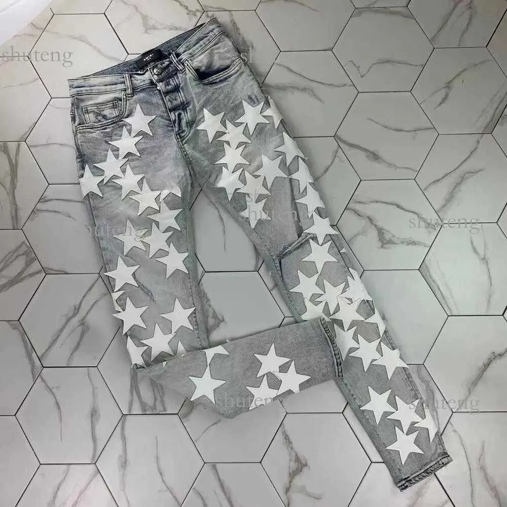 Designer Amirs Jeans Mens Gaorl's New Co Branded White Star Jeans percés Micro Élastique Slim X Chemist 245
