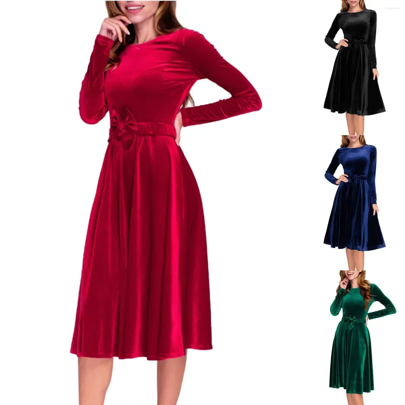 Vestidos casuales Vestido de terciopelo de Navidad Manga larga Rojo Dorado con cinturón Fiesta de noche para mujeres Underlay Ropa de Mujer