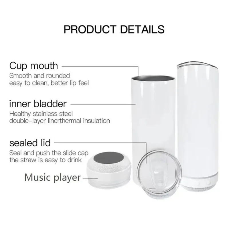 20oz Sublimation Blanks Music Speaker Tumbler Cup Double Wall Stainless Steel Vacuum Insulated Coffee Mugs Waterproof Wireless Bluetooth Speaker Straight Cups