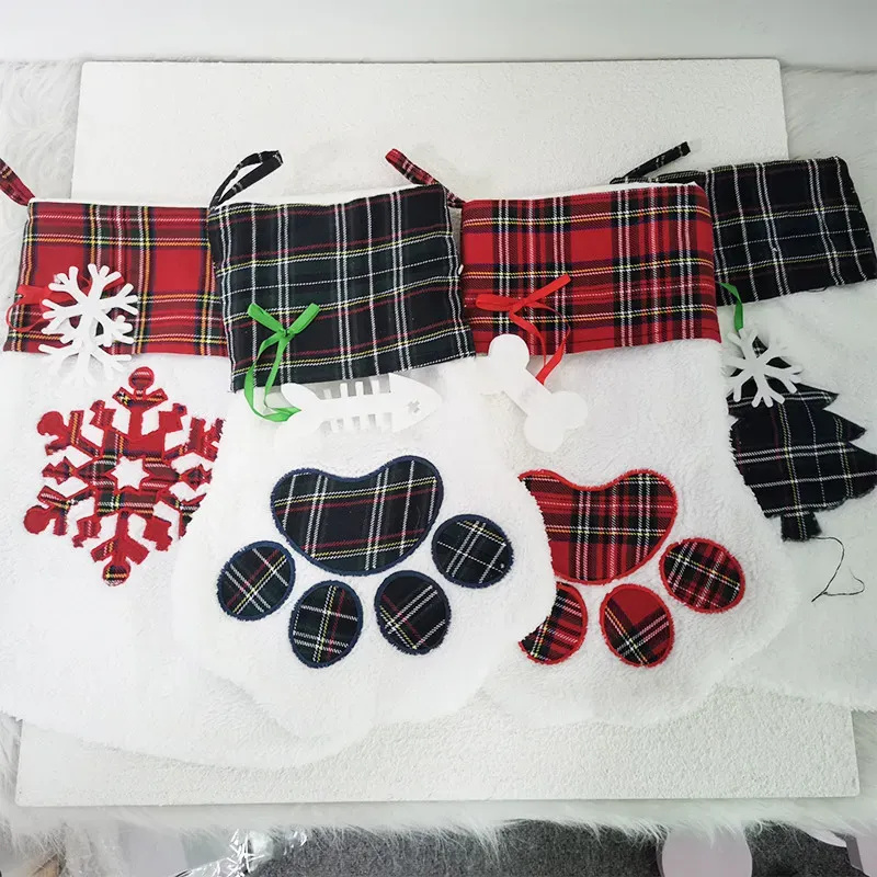 Cat Dog Paw Stocking Christmas Sock Decoration Snowflake Footprint Pattern Xmas Stockings  Candy Gift Bag for Kid