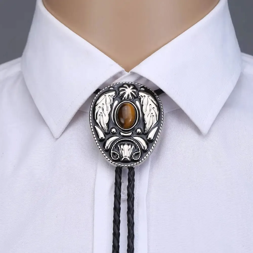 Neck Ties Vintage western leaf tiger eye stone bolo tie for man handmakde Indian cowboy cowgirl leather rope zinc alloy necktie 231206