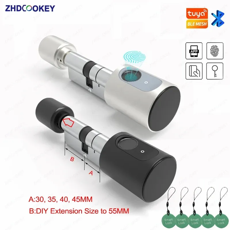 Cerradura inteligente Cilindro de cerradura inteligente Tuya BLE Europa Tarjeta IC biométrica de huellas dactilares Aplicación Ojo de cerradura Invisible Tamaño de extensión de bricolaje Cerraduras electrónicas 231206