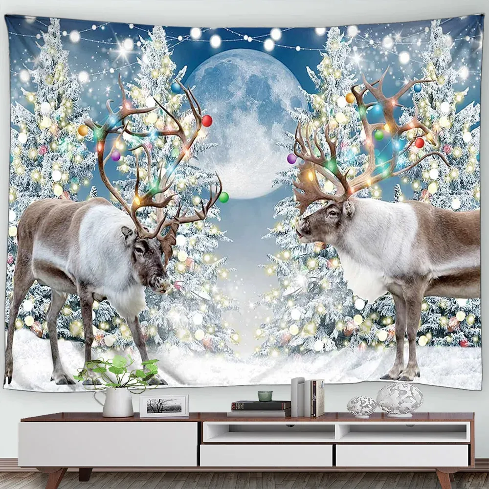 Tapestries Christmas Reindeer Tapestry Xmas Trees Moon Winter Forest Snow Scenery Year Holiday Wall Hanging Home Decor för vardagsrum 231207