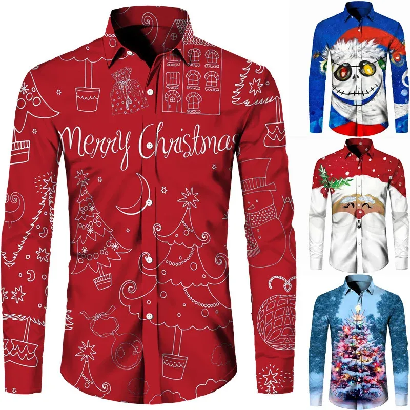 Camisas casuales para hombres Tema navideño Camisas con botones impresas en 3D Blusa de manga larga a la moda Tops para fiestas navideñas Año Pareja Ropa de calle 231207