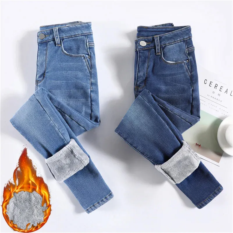 Jeans Femme Femmes thermique jean hiver neige chaud peluche Stretch jean dame maigre épaissir polaire Denim pantalons longs rétro bleu crayon pantalon 231207