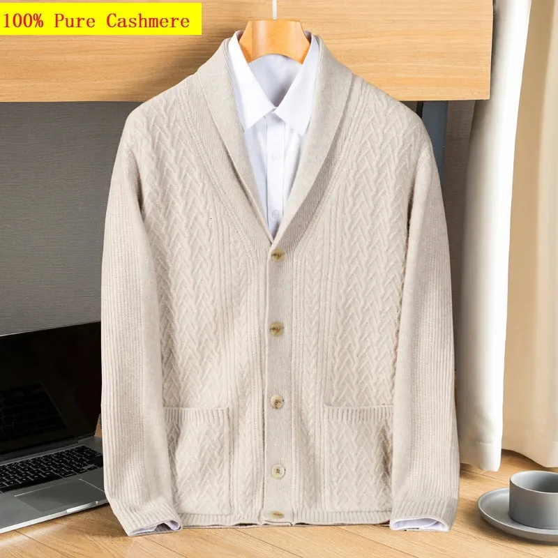 Мужские свитера, модный осенне-зимний 100-кашемировый кардиган для толстой вязки, свитер, куртка, большие размеры S M L XL 2XL 3XL 4XL 5XL 231206