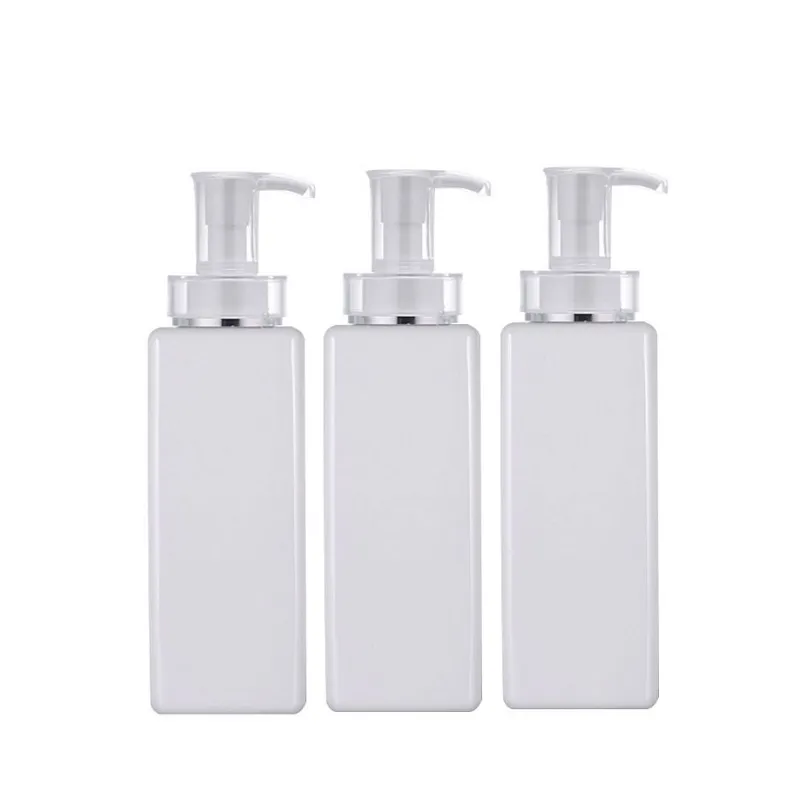 Bouteille à pompe carrée en plastique blanc, récipient d'emballage à épaule plate, vide, cosmétique, rechargeable, shampoing, gel douche, lotion, bouteilles 200 ml, 300 ml, 500 ml